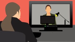 graphic of a person sitting at a desk, watching another person on a computer screen.